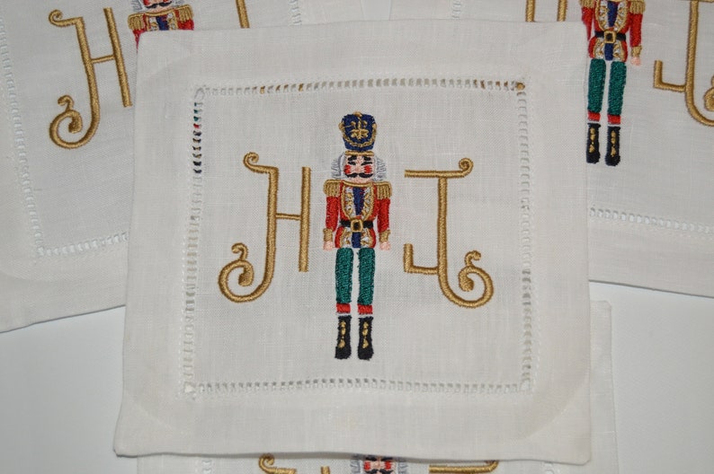 Personalized Nutcracker Embroidered Linen Cocktail Napkins