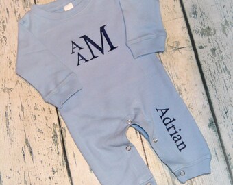 Personalized Newborn Baby Boy Outfit, Monogram Baby Sleeper Romper, Personalized Take Home Outfit, Chest and Leg Monogram,