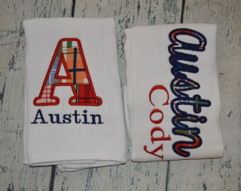 Personalized Name Burp Cloth Set of 2, Applique Burp Cloth Set, Baby Boys Burp Cloth Set