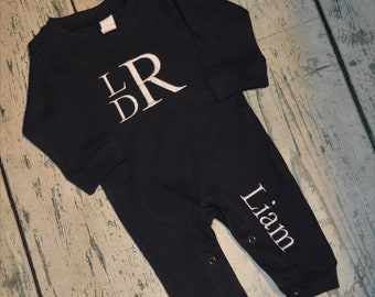 Personalized Baby Boy Outfit, Monogram Baby Sleeper Romper, Personalized Take Home Outfit, Chest and Leg Monogram,