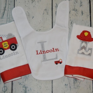 Personalized Firetruck Bib and Burp cloth Set Monogrammed Little Fireman