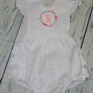 Personalized Flower Ruffle Bubble, Seersucker Ruffle Bottom Baby Bubble Romper with Monogram