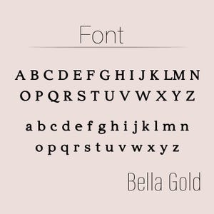 May include: A digital display of the alphabet in uppercase and lowercase, showcasing the "Bella Gold" font. The word "Font" is displayed at the top, with a light pink background.