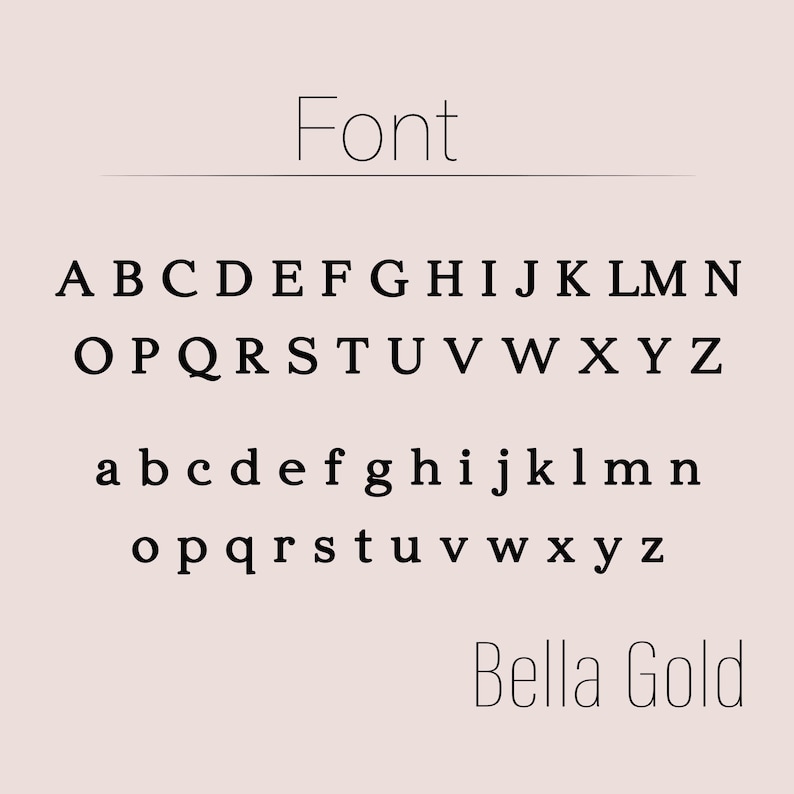 May include: A digital display of the alphabet in uppercase and lowercase, showcasing the "Bella Gold" font. The word "Font" is displayed at the top, with a light pink background.