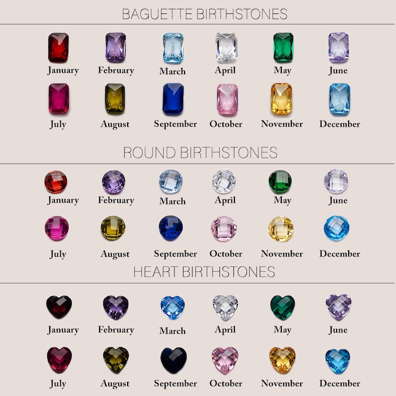 May include: A chart displaying birthstones in baguette, round, and heart shapes. Each shape features a different colored gemstone representing a month of the year, with the month's name below each stone. The chart is on a light beige background.