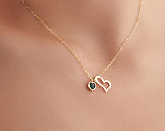 14K Gold Heart Necklace with Birthstone – Personalized Heart Pendant – Dainty Jewelry for Women – Perfect Christmas Gift for Her