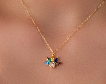 Dainty Lotus Birthstone Necklace, Multiple Birthstone Jewelry Gift for Mom, Family Birthstone Necklace, 50th Birthday Gift for Women