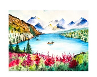 Original Watercolor Landscape Painting, Mountain Lake Scene, 31x46cm