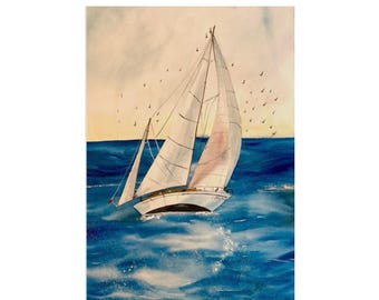 Acuarela original de un velero – Arte náutico costero