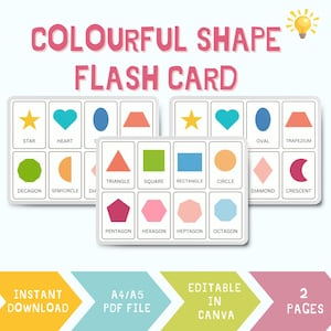 Cartes flash PDF colorées - Outil d'apprentissage éducatif imprimable pour les tout-petits et les enfants d'âge préscolaire afin d'apprendre les formes avec des couleurs amusantes