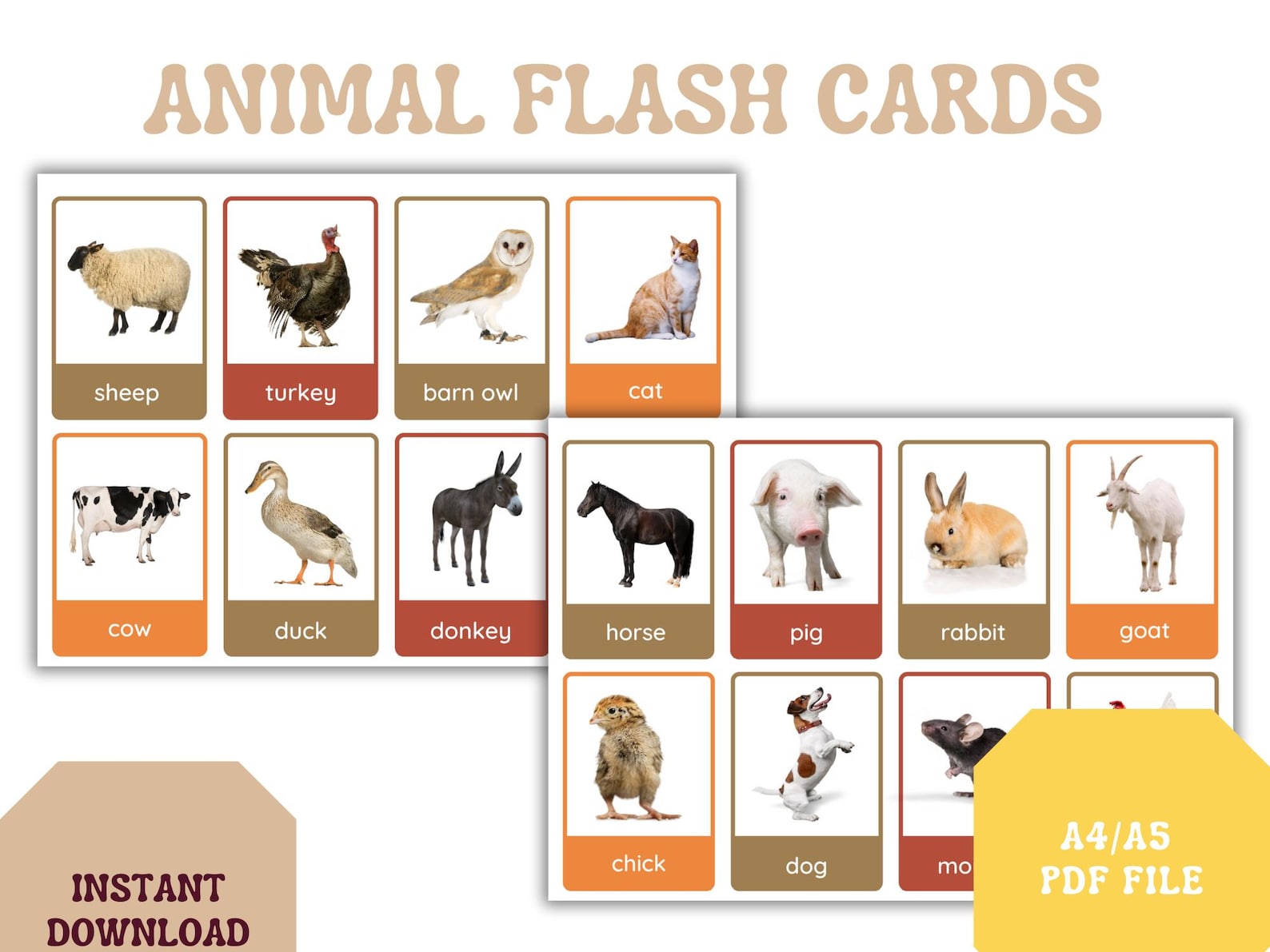 Farm Animals Flashcards: Montessori Learning Cards for Toddlers - Etsy