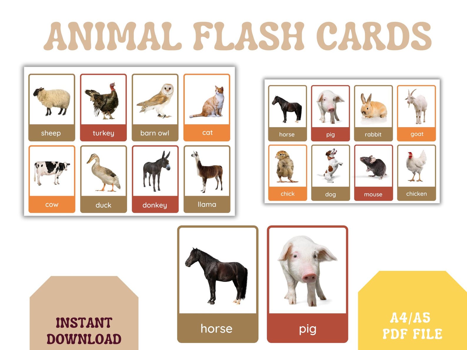 Farm Animals Flashcards: Montessori Learning Cards for Toddlers - Etsy