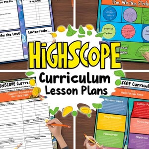 May include: A collection of colorful HighScope Curriculum lesson plans. The plans are on blue, orange, and green paper, with handwritten notes and diagrams. Pencils and other stationery are scattered around the plans.