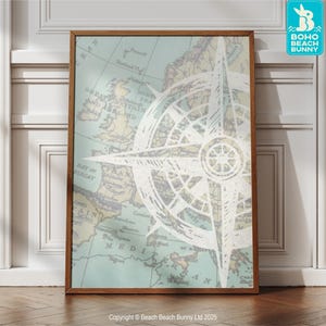 Mapa de Europa con brújula / Decoración de pared / Impresión náutica / Decoración de casa de playa / Tonos azules y beige / Imprimible