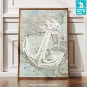 Mapa de anclas / Arte náutico / Decoración costera / Casa de playa / Tonos azules / Imprimible