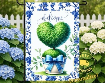 Blue Chinoiserie Heart Topiary Yard Flag | Spring Garden Flag | Topiary Garden Flag | Coquette Yard Flag | Gift for Grandma | Spring Decor