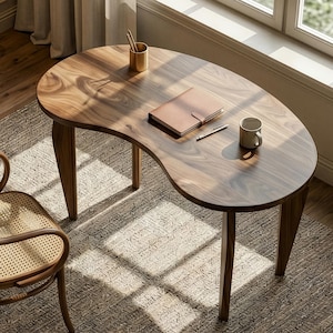 Op de afbeelding: Een niervormig bureau in walnoottinten met een bijpassende stoel staat op een patroonkleed bij een raam. Een lamp, een notitieboek, een mok en een potloodhouder staan op het bureau. De stoel heeft een geweven zitting en rugleuning.