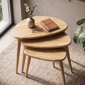 Wooden Nesting Coffee Table Mid Century Modern Side Tables Living Room Furniture