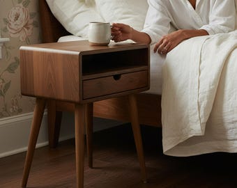 Walnut Nightstand Set of 2 Mid Century Modern Bedside Table with Drawer Bedroom Furniture Handmade