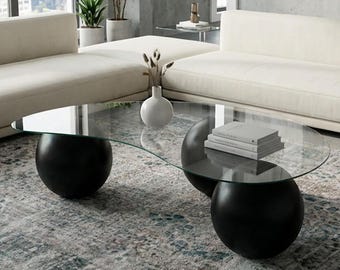 Mesa de centro de cristal con bolas redondas de madera, mesa central para sala de estar, mueble decorativo