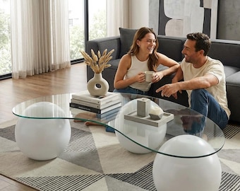 木製ボールコーヒーテーブル：ガラス天板、モダンなリビングルームの