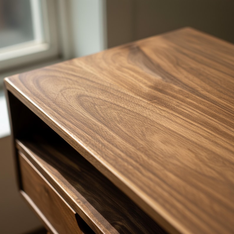 K&ouml;nnte beinhalten: Nahaufnahme eines Nachttisches aus Holz mit einer Schublade. Der Nachttisch ist aus dunkelbraunem Holz mit sichtbaren Maserungen gefertigt. Die Schublade ist teilweise ge&ouml;ffnet und gibt den Blick ins Innere frei. Das Design ist modern und minimalistisch, mit klaren Linien und nat&uuml;rlichem Finish.