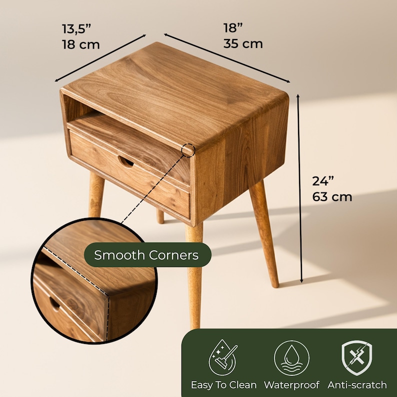 K&ouml;nnte beinhalten: Ein Nachttisch aus Holz mit einer Schublade und einem Regal. Der Tisch ist 63 cm hoch, 35 cm breit und 18 cm tief. Er hat glatte Ecken und ist leicht zu reinigen, wasserdicht und kratzfest.