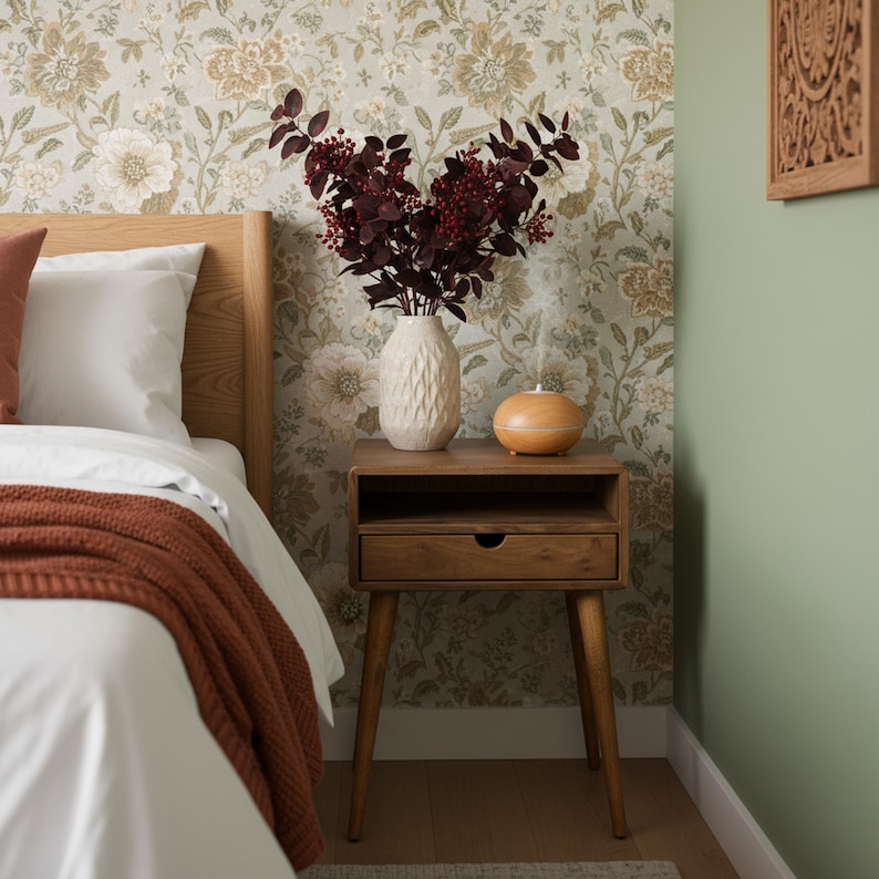 K&ouml;nnte beinhalten: Schlafzimmer-Szene mit einem Nachttisch aus Holz, einer wei&szlig;en, strukturierten Vase mit burgunderfarbenen Zweigen und einem Diffusor f&uuml;r &auml;therische &Ouml;le. Das Bett hat wei&szlig;e Bettw&auml;sche und eine rostfarbene Decke. Blumengemusterte Tapete.