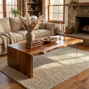 May include: A contemporary coffee table made of solid wood with a live edge. The table is supported by a thick wooden leg and a clear glass panel. The table is approximately 122 cm long.