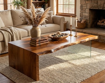 Live Edge Walnut Coffee Table With Glass Leg Waterfall Center