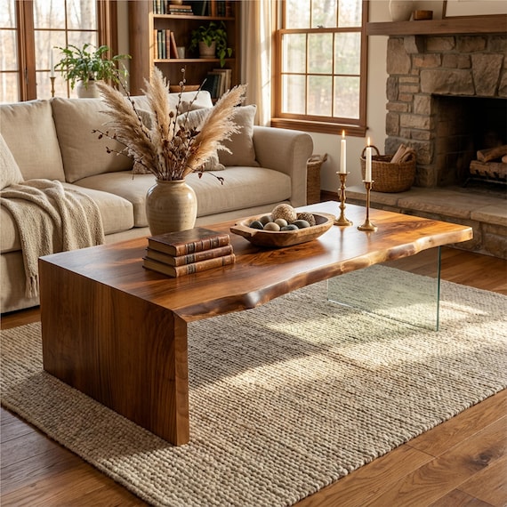 Live Edge Walnut Coffee Table with Glass Leg Waterfall Center Table for Living Room
