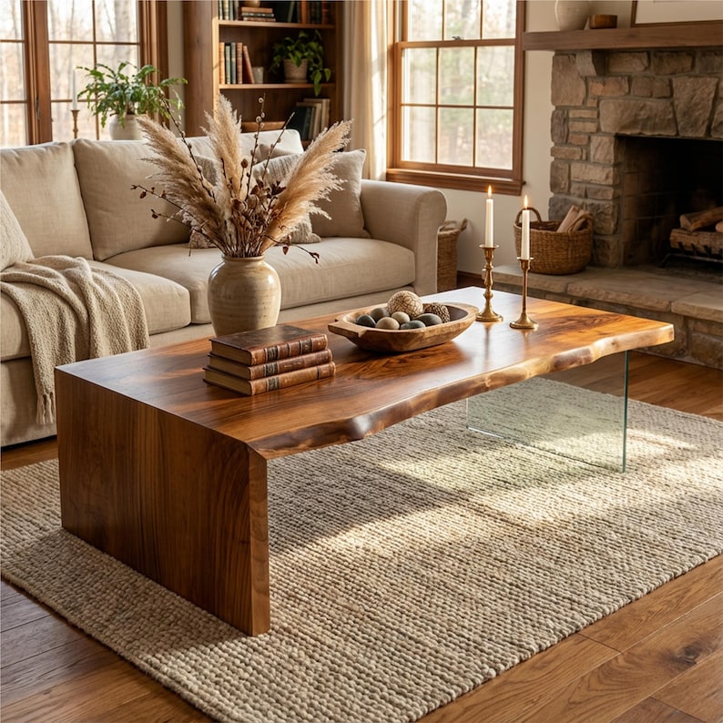 May include: A modern, solid wood coffee table with a live edge design. The table is supported by a thick wooden leg on one side and a clear glass panel on the other. The table is approximately 48 inches long.