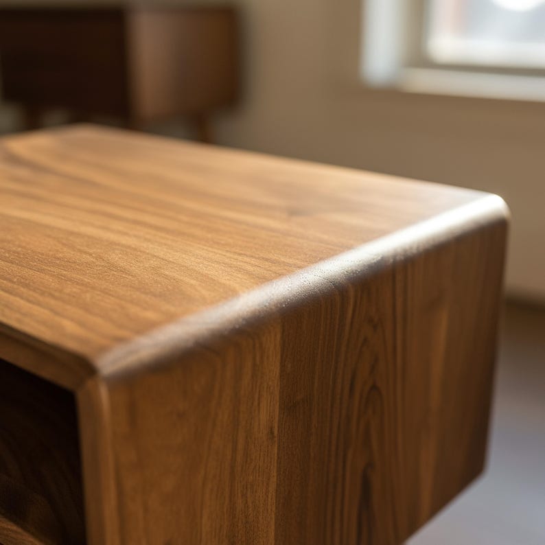 K&ouml;nnte beinhalten: Nahaufnahme eines Holztisches mit glatter, abgerundeter Kante. Der Tisch besteht aus dunklem Braunholz mit sichtbaren Maserungsmustern. Das Design ist modern und minimalistisch, passend f&uuml;r ein Wohn- oder B&uuml;ro.