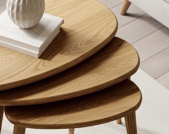 Chestnut Nesting Coffee Table Set Mid Century Modern Side End Table Living Room Furniture