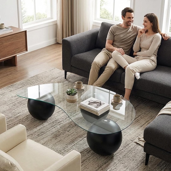 Glas Couchtisch mit runden Holzkugeln Wohnzimmer Center Tisch Dekorative Möbel