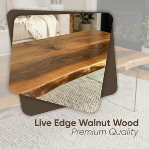 May include: A live edge walnut wood table with a natural, organic edge. The tabletop is a rich brown color with darker grain patterns. The text "Live Edge Walnut Wood Premium Quality" is displayed at the bottom of the image.