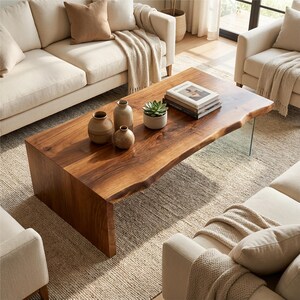May include: A solid wood coffee table with a live edge design. The table is a rich brown color and features a natural, organic edge. Decorative vases and a small potted succulent sit on top of the table. The table is surrounded by cream-colored sofas and a neutral rug.
