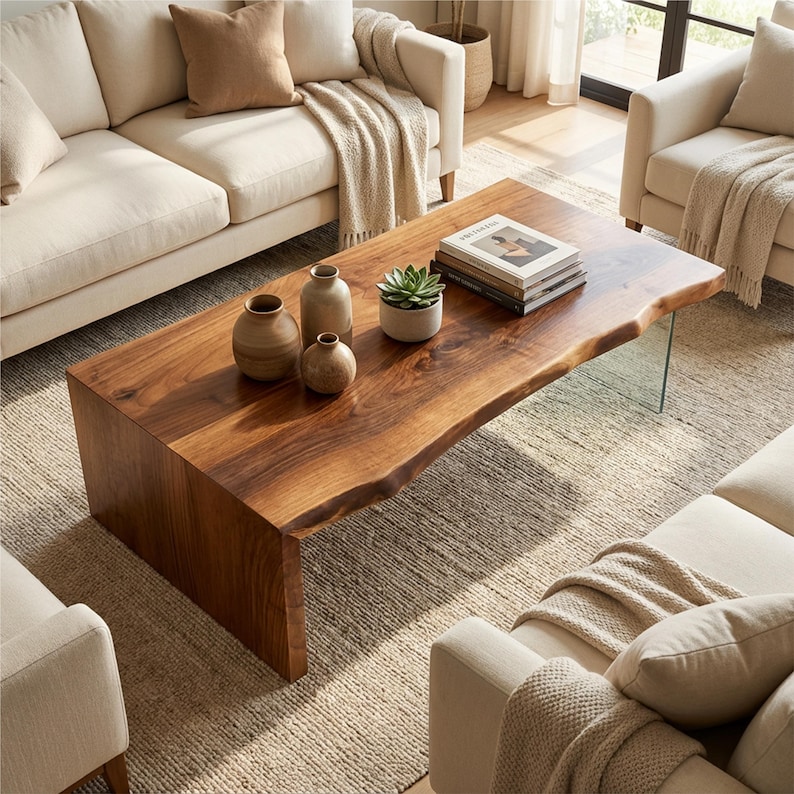 May include: A solid wood coffee table with a live edge design. The table is a rich brown color and features a natural, organic edge. Decorative vases and a small potted succulent sit on top of the table. The table is surrounded by cream-colored sofas and a neutral rug.