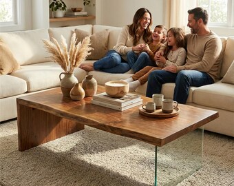 Live Edge Walnut Coffee Table With Glass Leg Waterfall Center