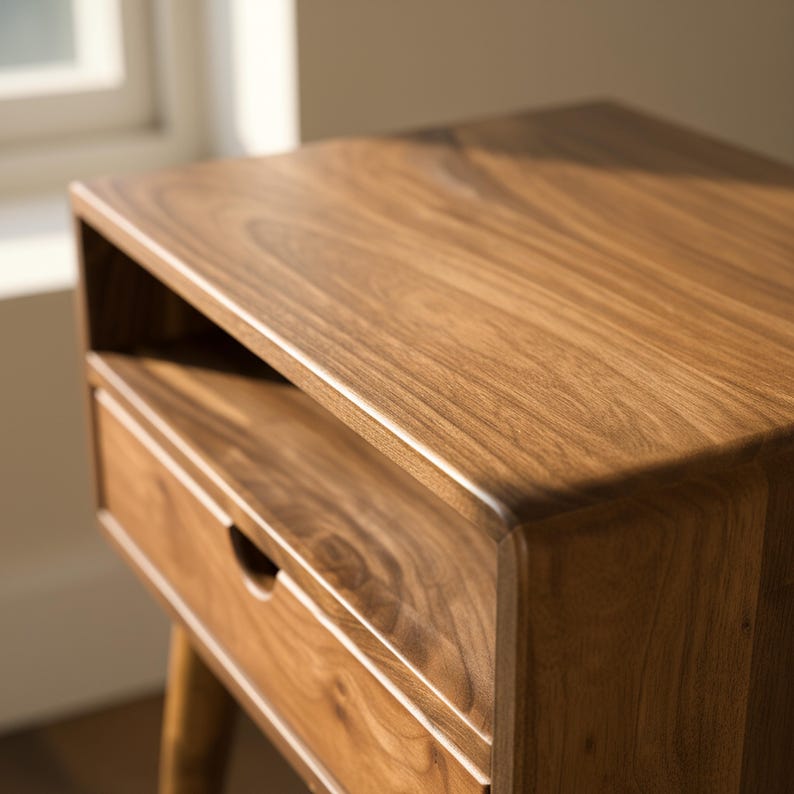 K&ouml;nnte beinhalten: Ein Nachttisch aus Holz mit einer Schublade und einem offenen Regal. Der Nachttisch ist aus hellbraunem Holz mit glatter Oberfl&auml;che gefertigt. Die Schublade hat einen gebogenen Griff. Der Nachttisch hat vier Beine.