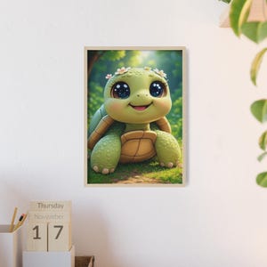 Póster de tortuga de dibujos animados con marco de madera, decoración infantil, regalo para amantes de los animales, arte de pared divertido.