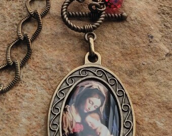 Bronze Madonna and Child Pendant Necklace, Toggle Necklace, Catholic Necklace, Christian Necklace, Gift for Mom, Virgin and Child Necklace