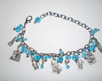 Aqua Blue Faceted Crystal Holy Mary Charm Bracelet Catholic Jewelry Gift