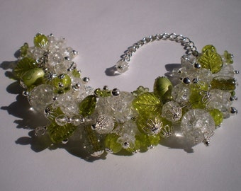 Green and Clear Crackle Glass, Lampworked Glass, Czech Glass, and Crystal Chunky Bead Bracelet