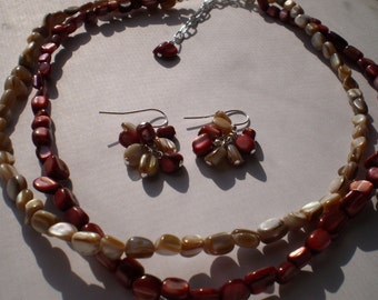 Cranberry and Natural Shell Mother Of Pearl Necklace Earring Set