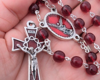 Garnet Red Czech Glass Saint Michael Rosary Prayer Beads, Catholic Prayer Beads, First Communion, Confirmation, Saint Michael Protect Us