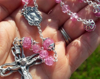 Pink Crackle Glass Rosary Baptism Gift, First Communion Gift, Confirmation Gift, Wedding Gift, Catholic Gift