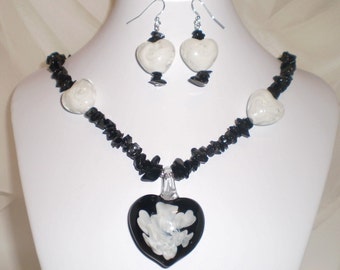 Love Hearts White and Black Lampwork Glass and Stone Necklace Earring Set