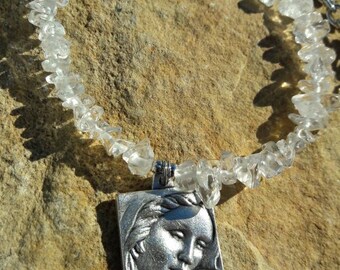 Crystal Quartz Natural Stone Madonna and Child Pendant Necklace Catholic Gift