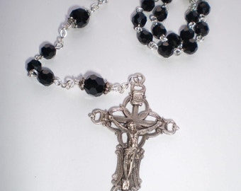 Black Crystal Rosary Prayer Beads, Classic Rosary, Formal Prayer Beads, Wedding, First Communion, Confirmation, Catholic Gift